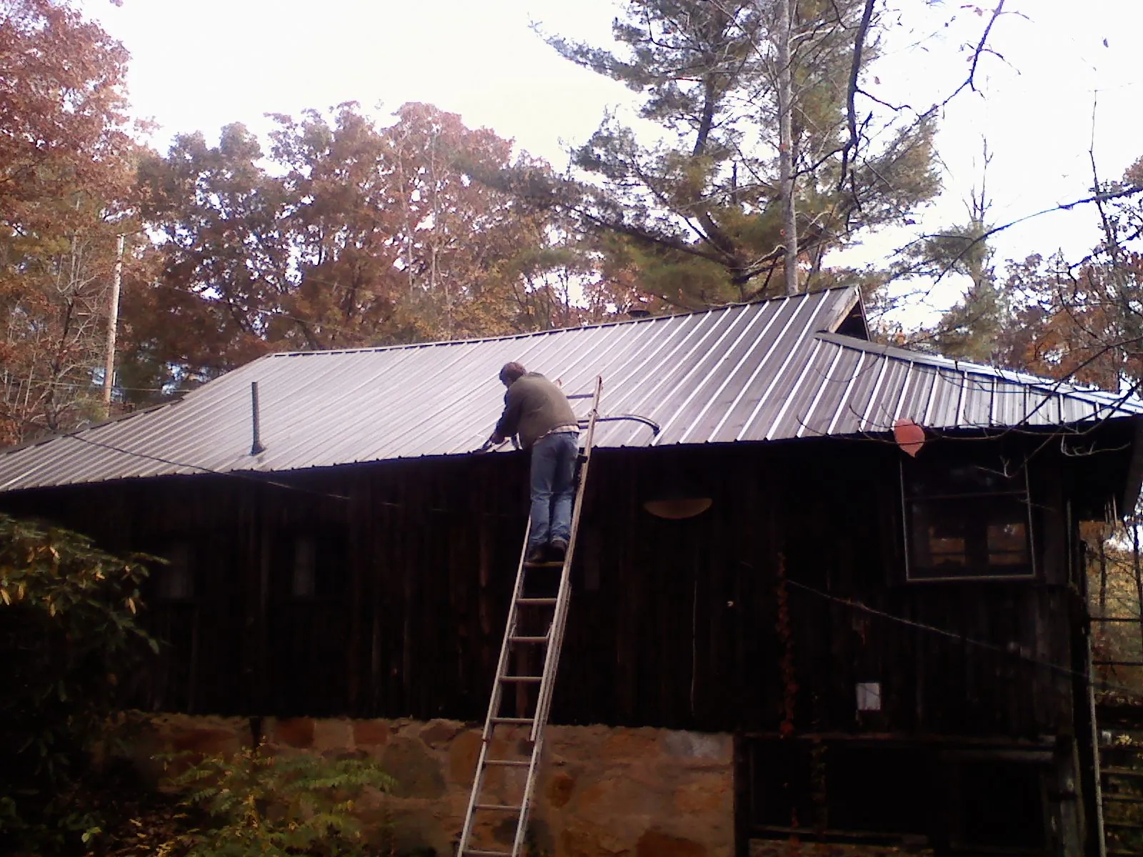 Roofer on a ladder working along the edge of a cabin metal roof in Madison